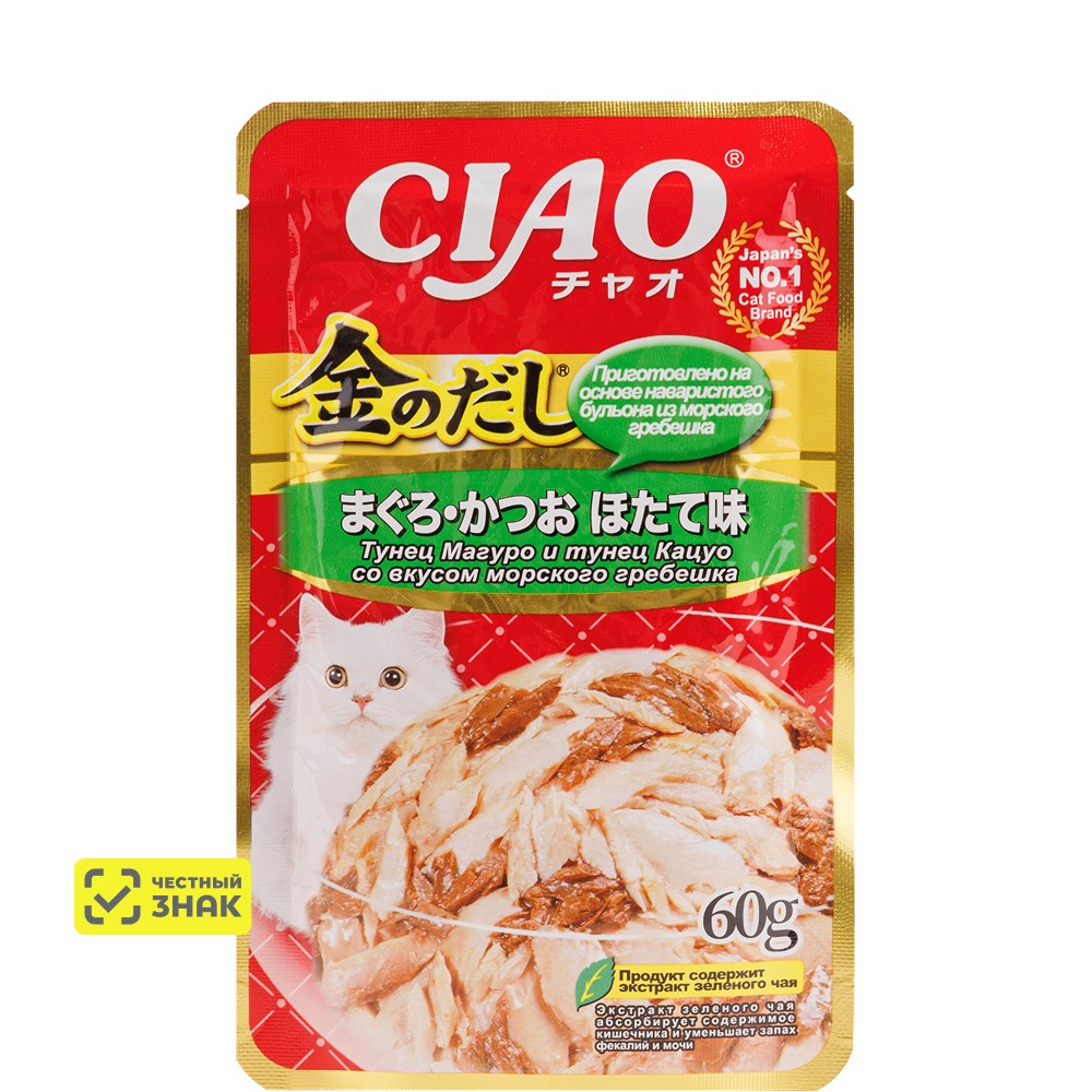 

INABA CIAO Влажный корм (пауч) для кошек, тунец магуро и тунец кацуо со вкусом морского гребешка, 60 гр.