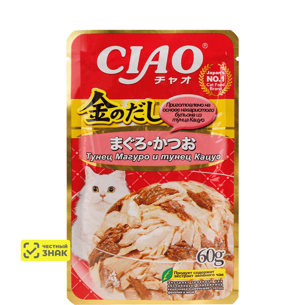 

INABA CIAO Влажный корм (пауч) для кошек, тунец магуро и тунец кацуо, 60 гр.