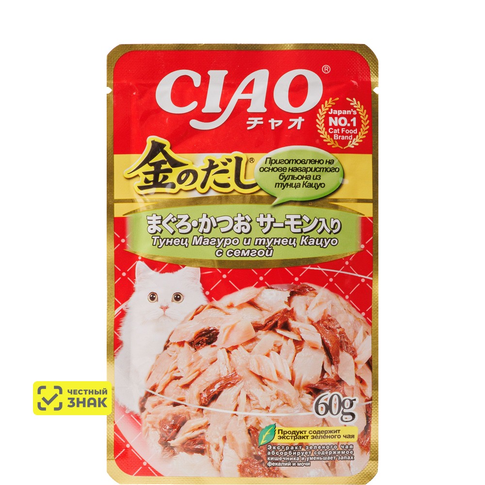 

INABA CIAO Влажный корм (пауч) для кошек, тунец магуро и тунец кацуо с семгой, 60 гр.