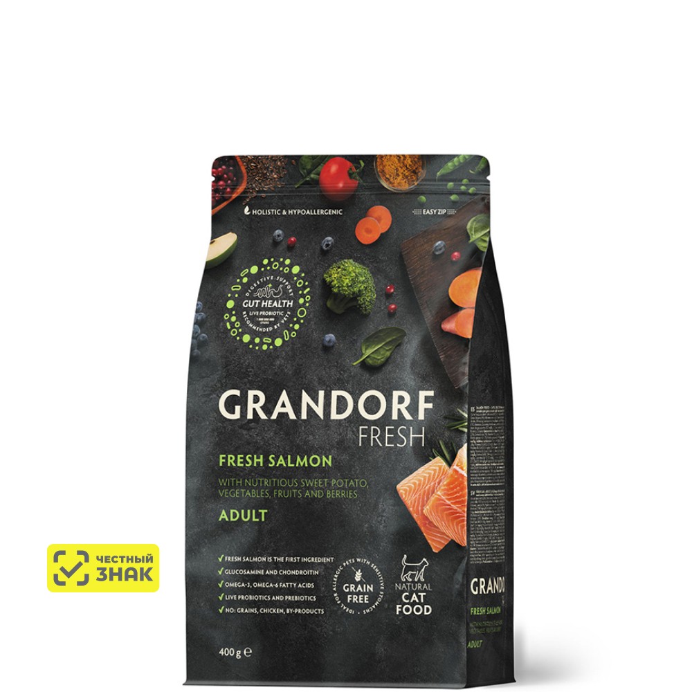 Grandorf Fresh Cat беззерновой корм для взрослых кошек (Лосось с бататом, 400 г.)