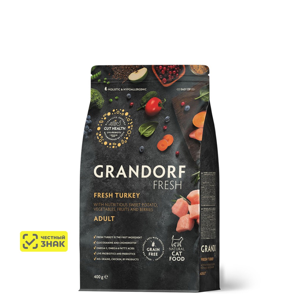 Grandorf Fresh Cat беззерновой корм для взрослых кошек (Индейка с бататом, 400 г.)