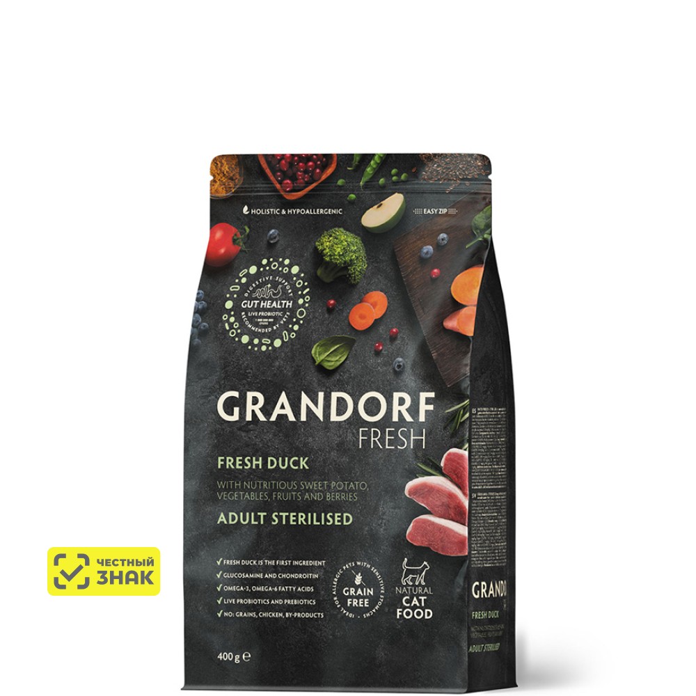 Grandorf Fresh Cat Sterilised беззерновой корм для стерилизованных кошек (Утка с бататом, 400 г.)
