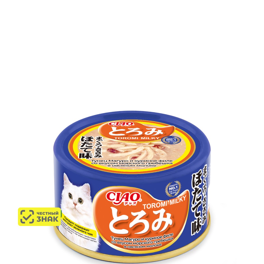 

INABA CIAO Toromi Влажный корм (консервы) для кошек, тунец магуро, куриное филе со вкусом морского гребешка в овсяном молоке, 80 гр.