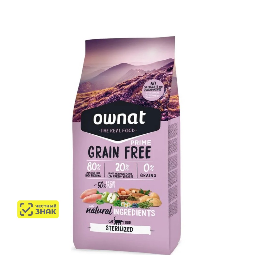 

Ownat Adult Sterilized Grain Free Prime Сухой корм для стерилизованных кошек, с курицей и индейкой, 1 кг