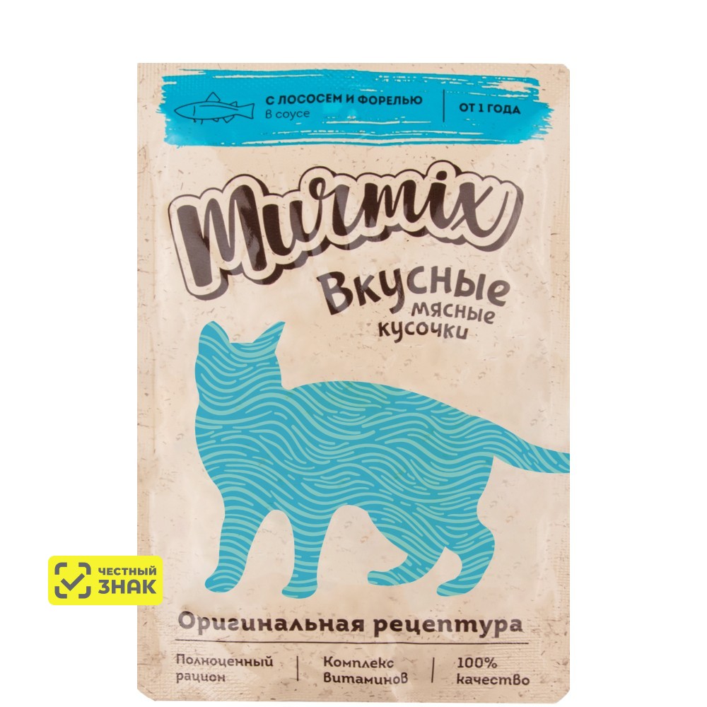 Murmix Влажный корм (пауч) для взрослых кошек, кусочки лосося с форелью в соусе, 85 гр.