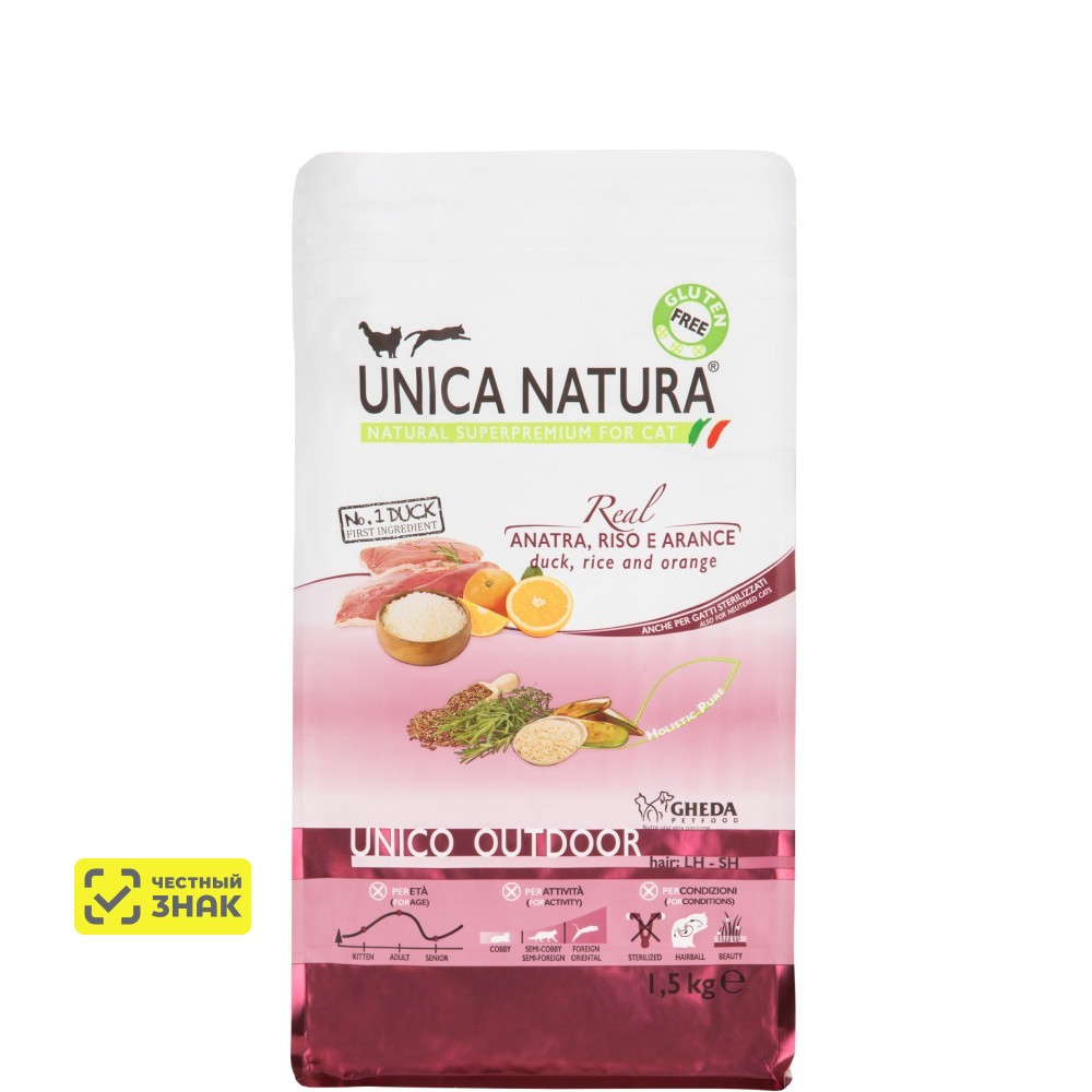 UNICA Natura Outdoor Сухой корм для кошек, с уткой, рисом и апельсинами, 1,5 кг