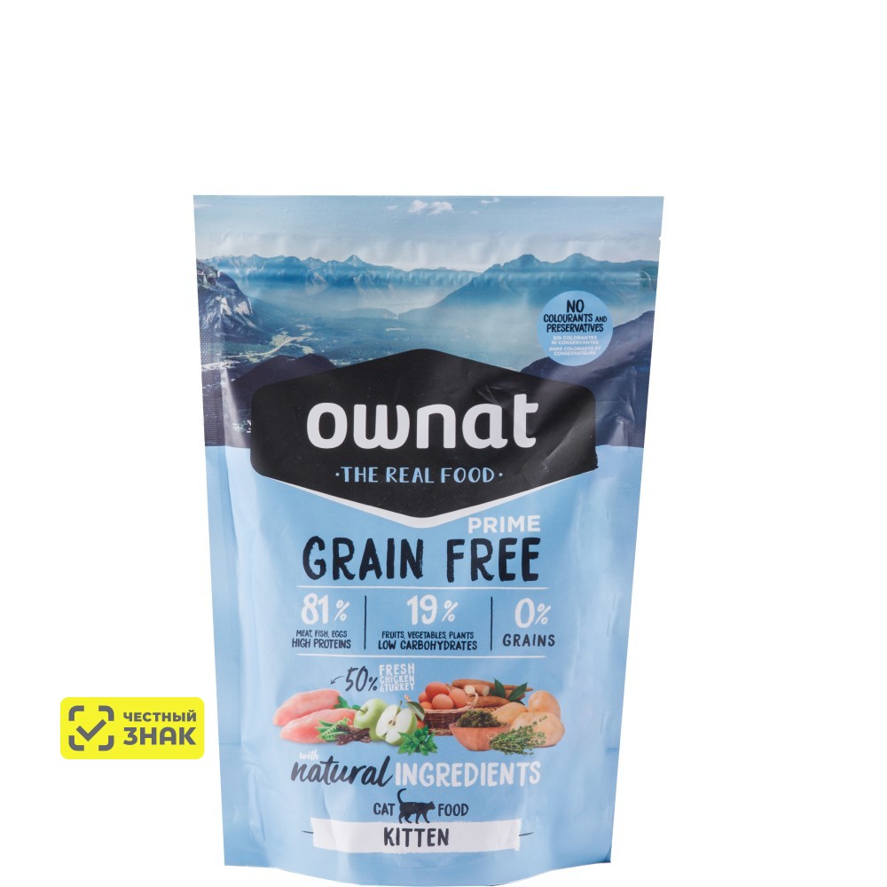 Ownat Kitten Prime Сухой беззерновой корм для котят, с мясом цыплёнка и индейки, 400 гр.