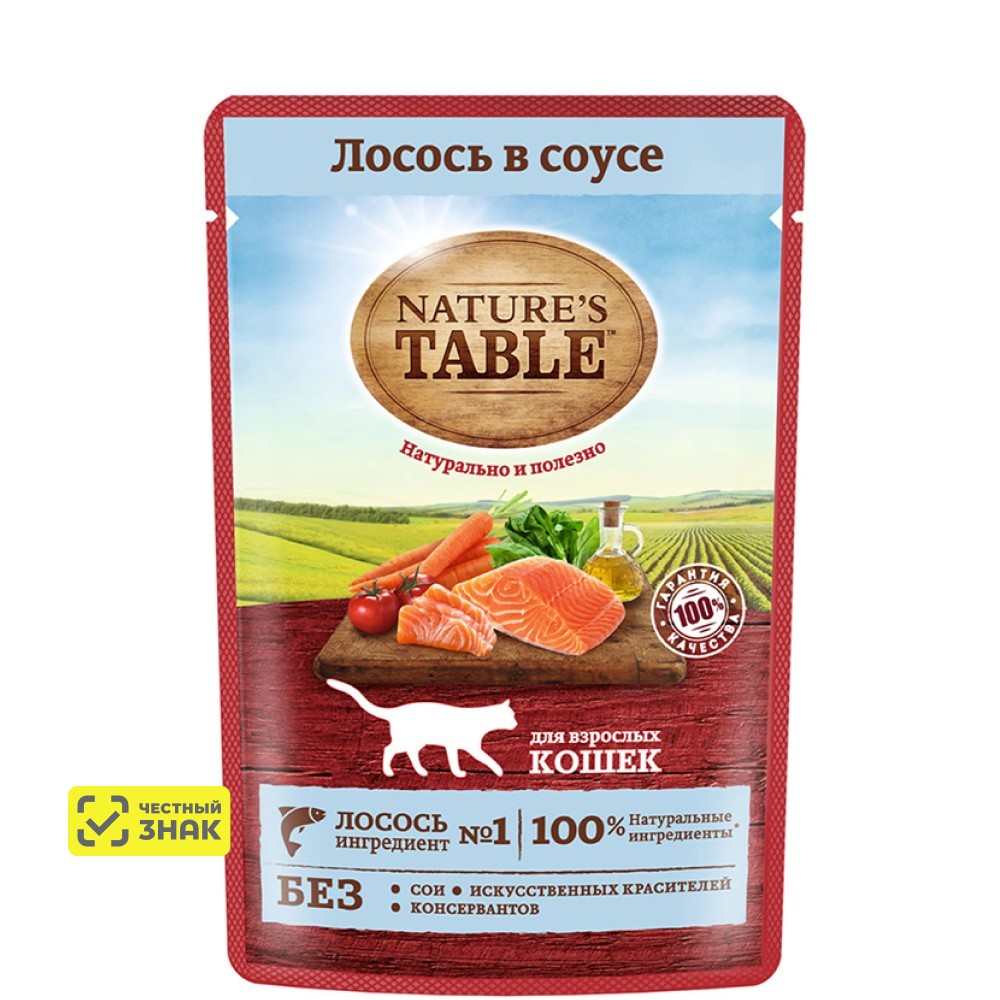 

NATURE`S TABLE Влажный корм (пауч) для кошек, лосось в соусе, 85 гр.