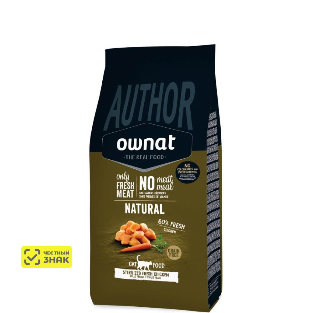 

Ownat Author Сухой корм беззерновой для стерилизованных кошек, со свежим мясом курицы, 1,5 кг