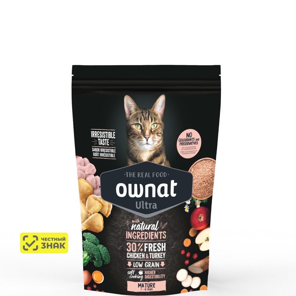 Ownat Ultra Mature Сухой корм для взрослых кошек старше 7 лет, с курицей и индейкой, 400 гр.