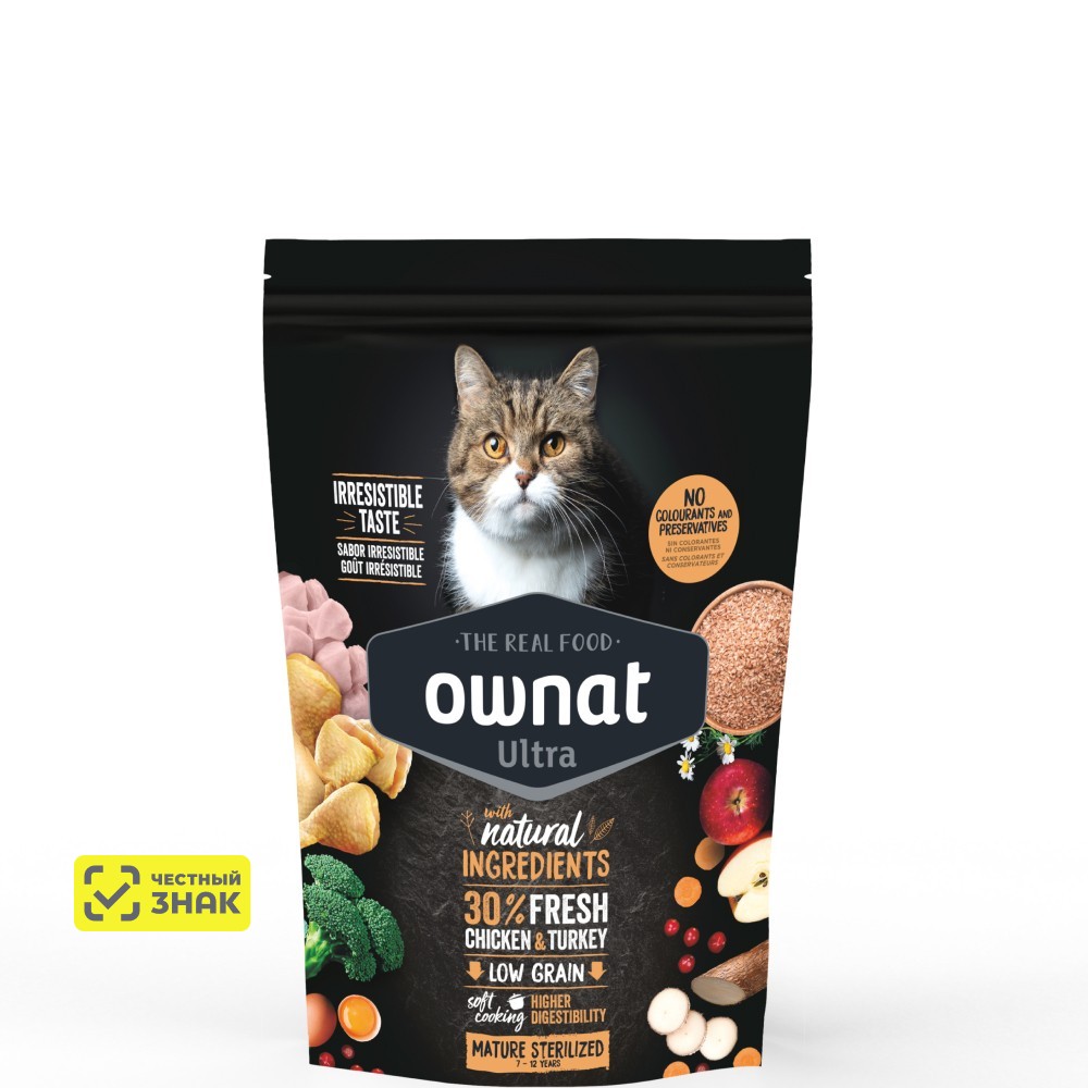 Ownat Ultra Mature Sterilized Сухой корм для стерилизованных кошек старше 7 лет, с курицей и индейкой, 400 гр.