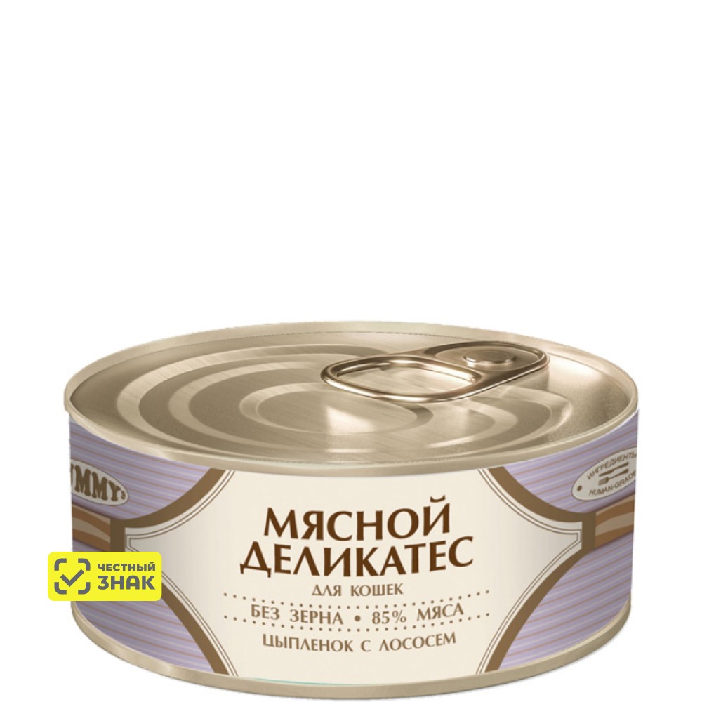 

Yummy Мясной Деликатес консервы для кошек с цыпленком и лососем, 100 г