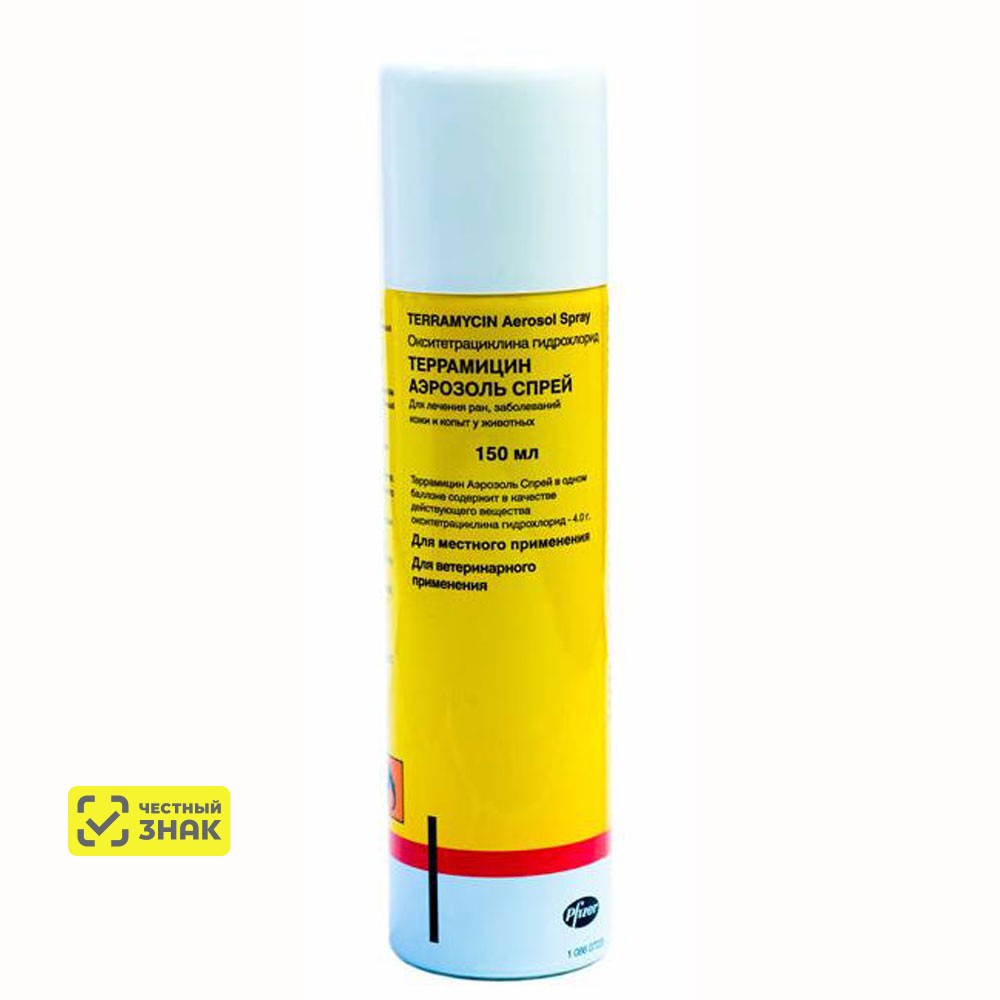 

Zoetis Террамицин Аэрозоль спрей для лечения ран, заболеваний кожи и копыт у животных, 150 мл (по рецепту)