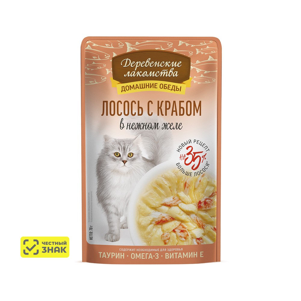 

Деревенские лакомства Влажный корм (пауч) для кошек, лосось с крабом в нежном желе, 70 гр.