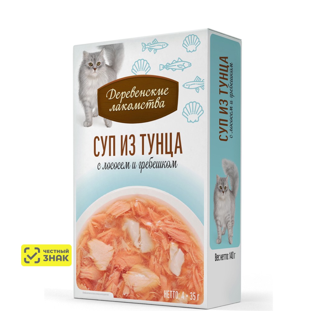 

Деревенские лакомства Влажный корм (пауч) для кошек, суп из тунца с лососем и гребешком, 4х35 гр.