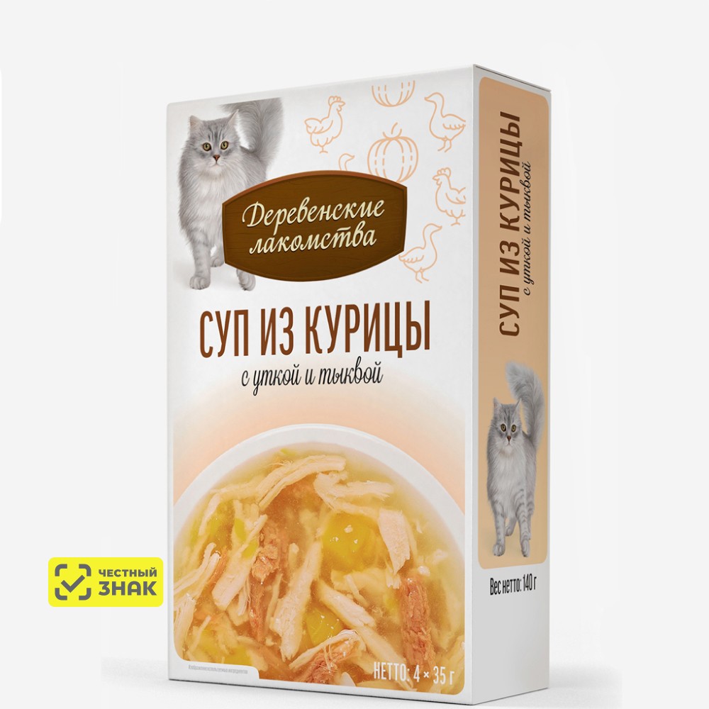 

Деревенские лакомства Влажный корм (пауч) для кошек, суп из курицы с уткой и тыквой, 4х35 гр.