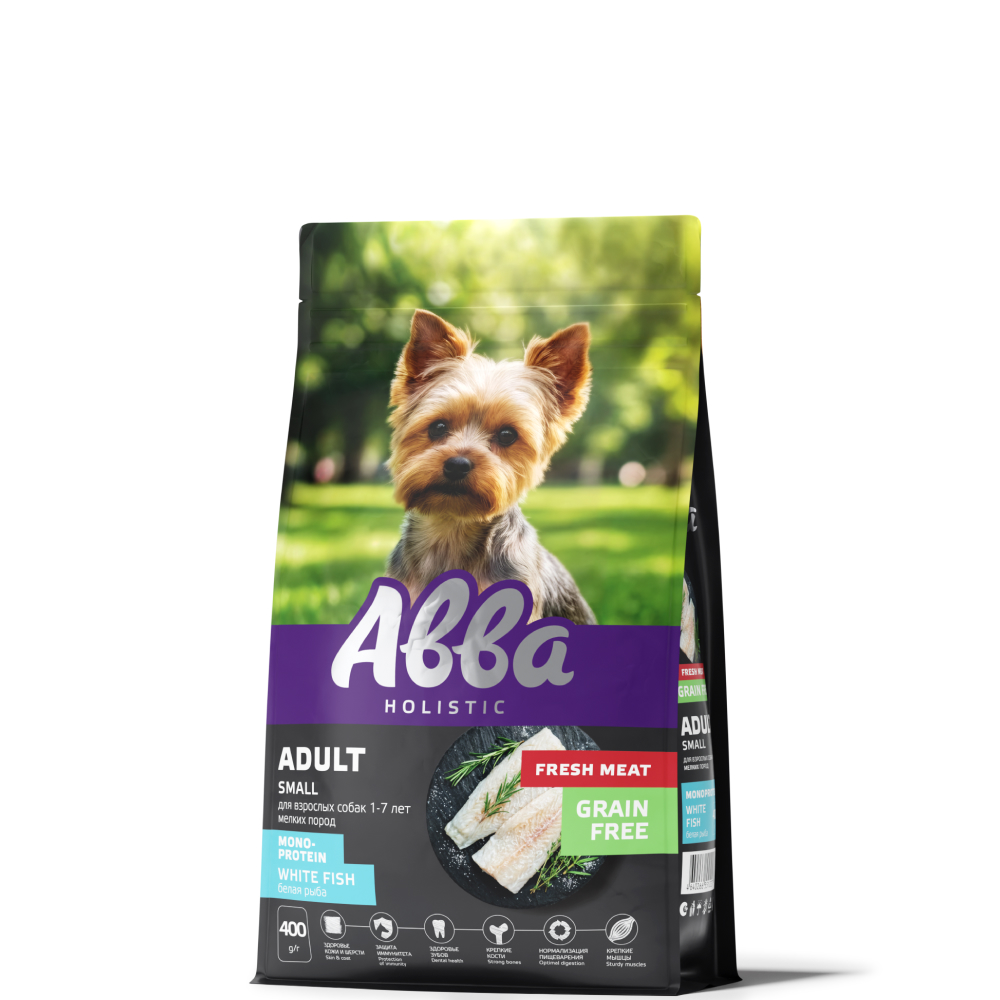 

АВВА Holistic Fresh Meat Сухой корм беззерновой монопротеиновый для взрослых собак мелких пород, с белой рыбой, 400 гр.