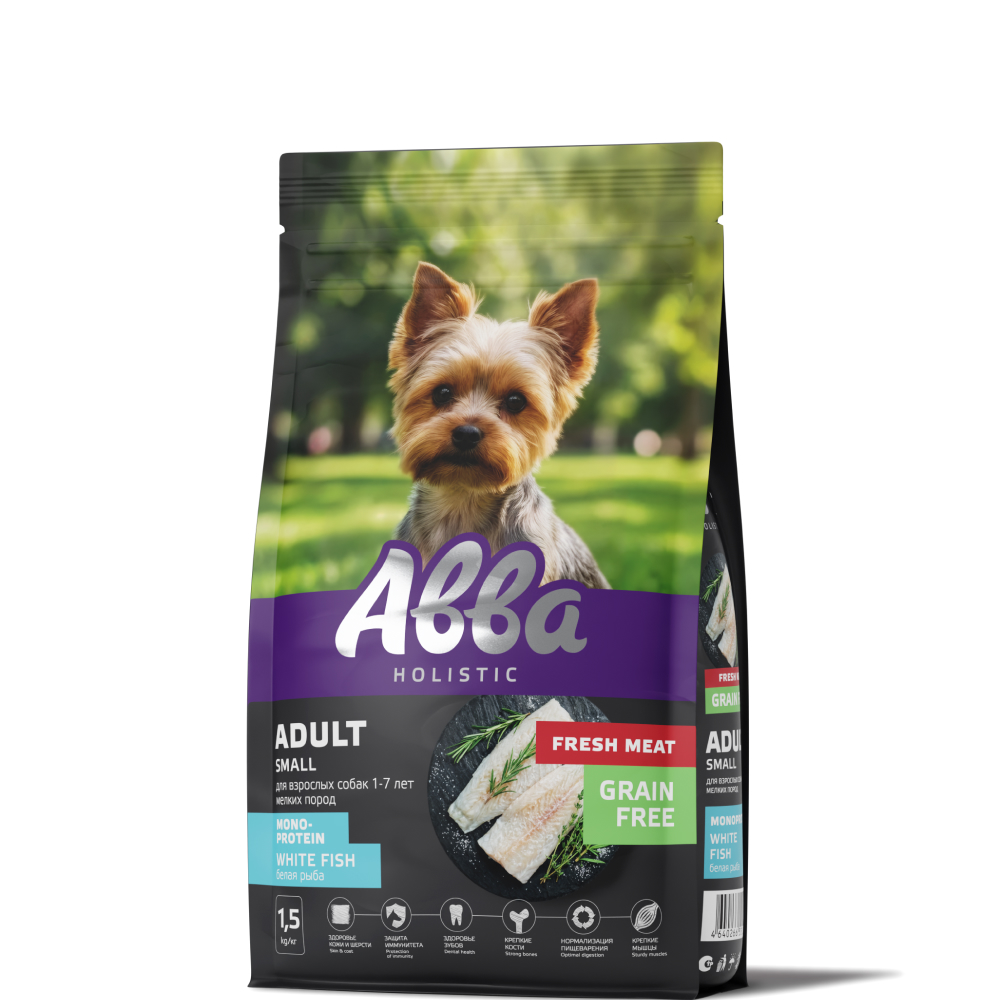 АВВА Holistic Fresh Meat Сухой корм беззерновой монопротеиновый для взрослых собак мелких пород, с белой рыбой, 1,5 кг