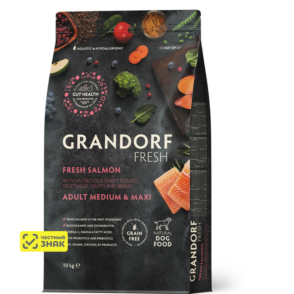

GRANDORF Fresh Adult Сухой корм для собак средних и крупных пород, с лососем и бататом, 10 кг