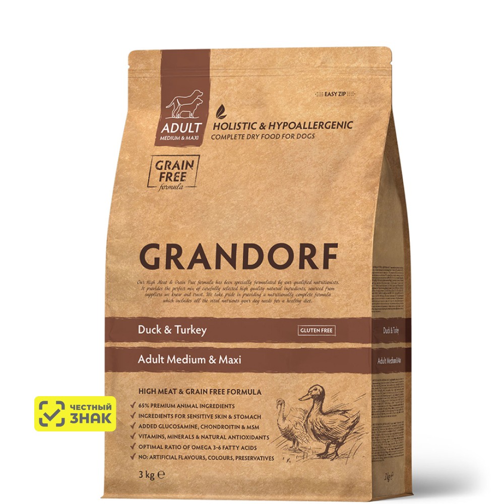 Grandorf Duck&Turkey корм для взрослых собак средних и крупных пород (Утка и индейка, 3 кг.)