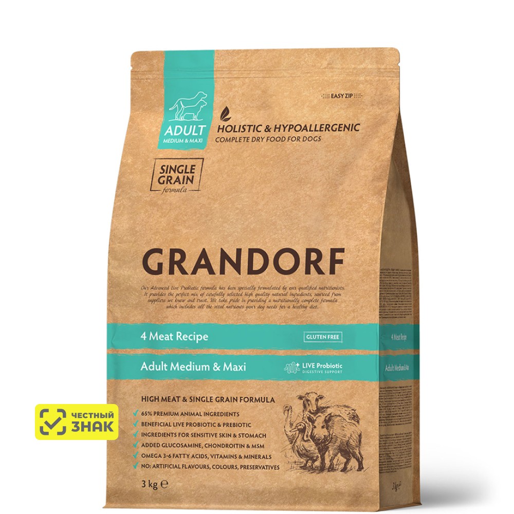 Grandorf 4 Meat & Rice Adult корм для взрослых собак средних и крупных пород (Мясное ассорти, 3 кг.)