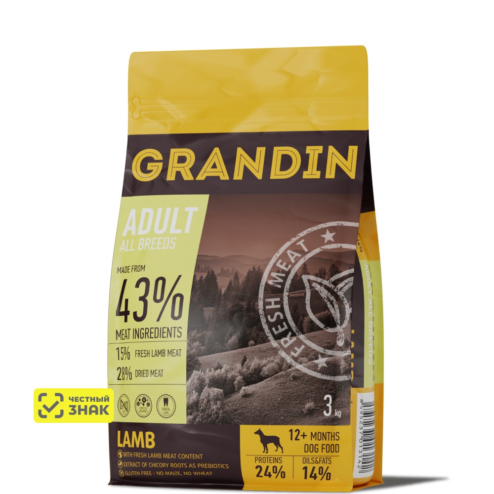 Grandin Сухой корм для взрослых собак всех пород, с ягненком, 3 кг