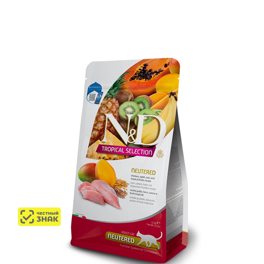 

Farmina ND Tropical Selection Сухой корм для стерилизованных кошек и кастрированных котов, курица, 300 гр.
