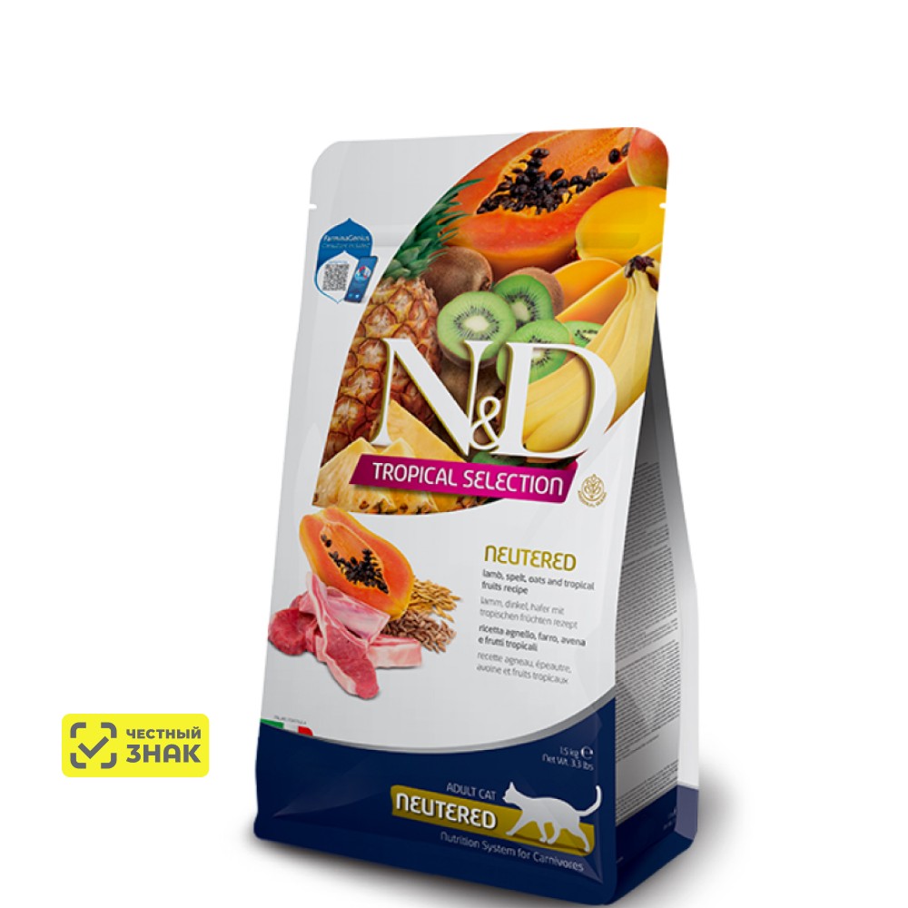 

Farmina ND Tropical Selection Сухой корм для стерилизованных кошек и кастрированных котов, ягненок, 1,5 кг