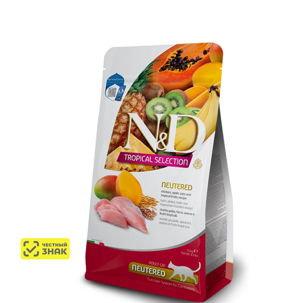 

Farmina ND Tropical Selection Сухой корм для стерилизованных кошек и кастрированных котов, курица, 1,5 кг