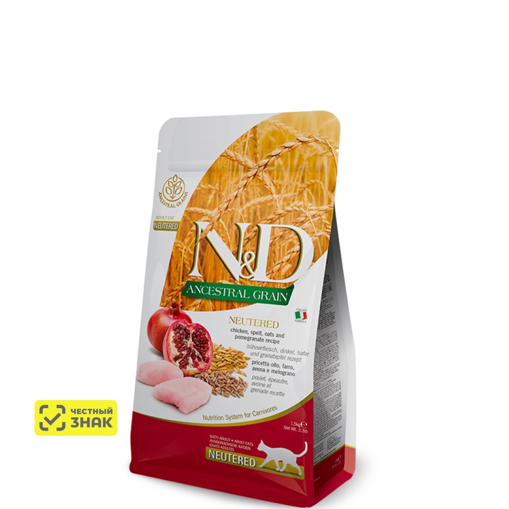 

Farmina ND Ancestral Grain Сухой корм для стерилизованных кошек и кастрированных котов, курица, 300 гр.