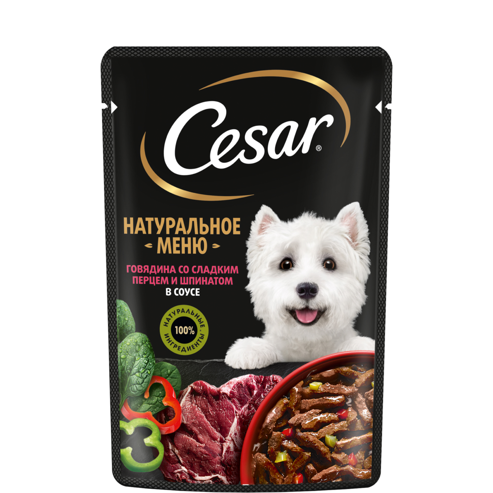 

Cesar Влажный корм (пауч) для собак, говядина, паприка и шпинат в соусе, 80 гр.