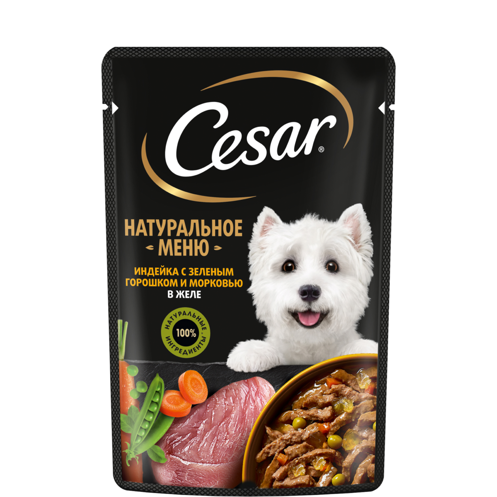 

Cesar Влажный корм (пауч) для собак, индейка, горох и морковь в желе, 80 гр.
