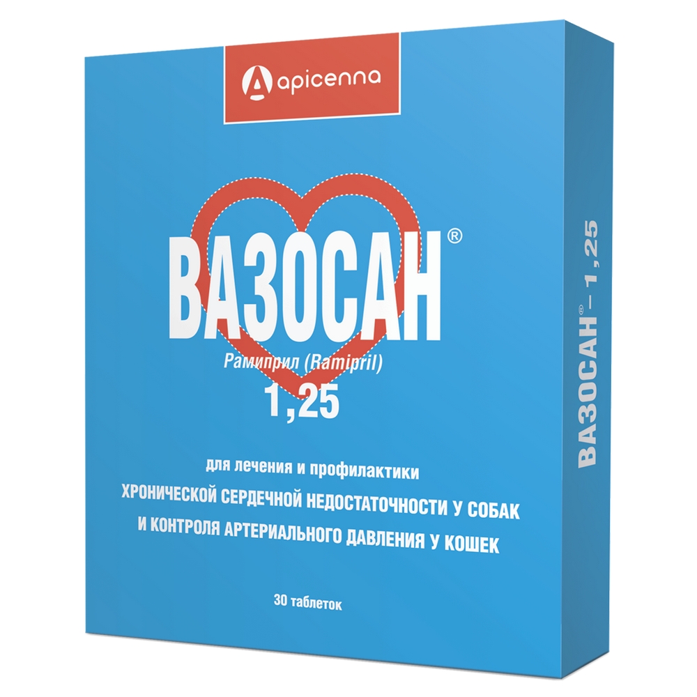 

Apicenna Вазосан Таблетки для лечения хронической сердечной недостаточности и контроля артериального давления для кошек и собак, 1,25 мг, 30 таблеток