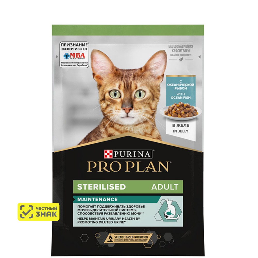

PRO PLAN® Sterilised Maintenance Влажный корм (пауч) для взрослых стерилизованных кошек и кастрированных котов, с океанической рыбой в желе, 85 гр.