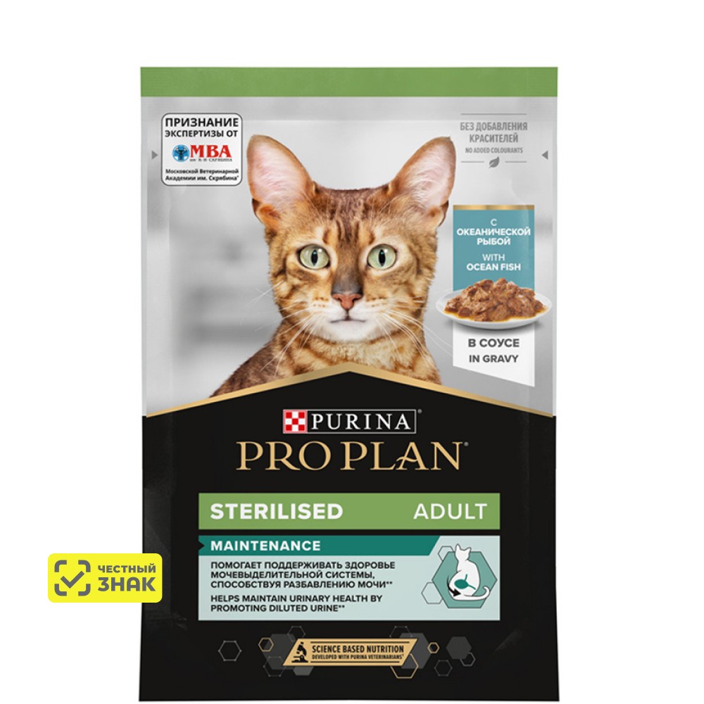 

PRO PLAN® Sterilised Maintenance Влажный корм (пауч) для взрослых стерилизованных кошек и кастрированных котов, с океанической рыбой в соусе, 85 гр.