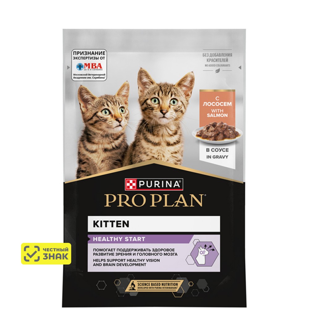 

PRO PLAN® HEALTHY START Влажный корм (пауч) для котят, беременных и кормящих кошек, кусочки с лососем в соусе, 85 гр.