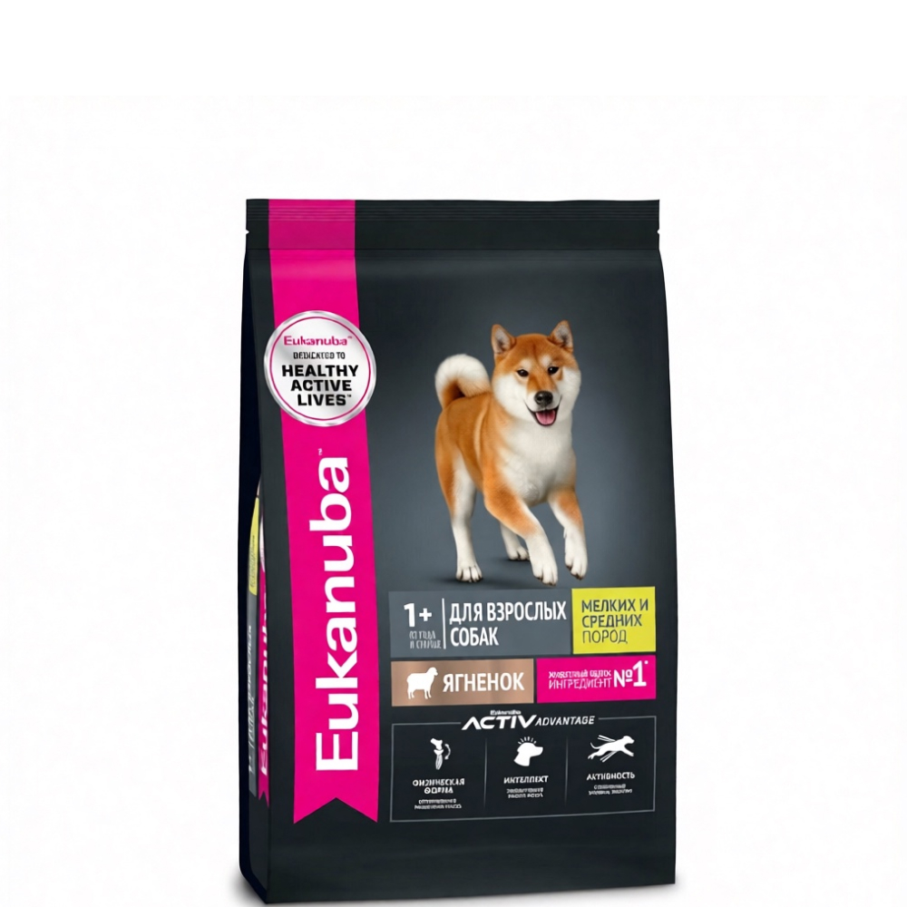 Eukanuba сухой корм для взрослых собак мелких и средних пород старше 1 года, с ягненком - 800 г повседневный супер премиум для взрослых с ягненком породы мелкого размера мешок Российский корм 1 уп. х 1 шт. х
