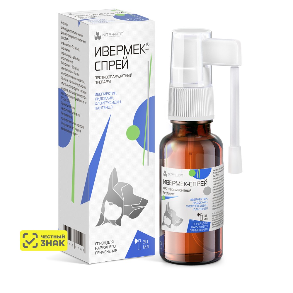 

Nita-farm Ивермек Спрей противопаразитный для кошек, собак и декоративных грызунов, 30 мл