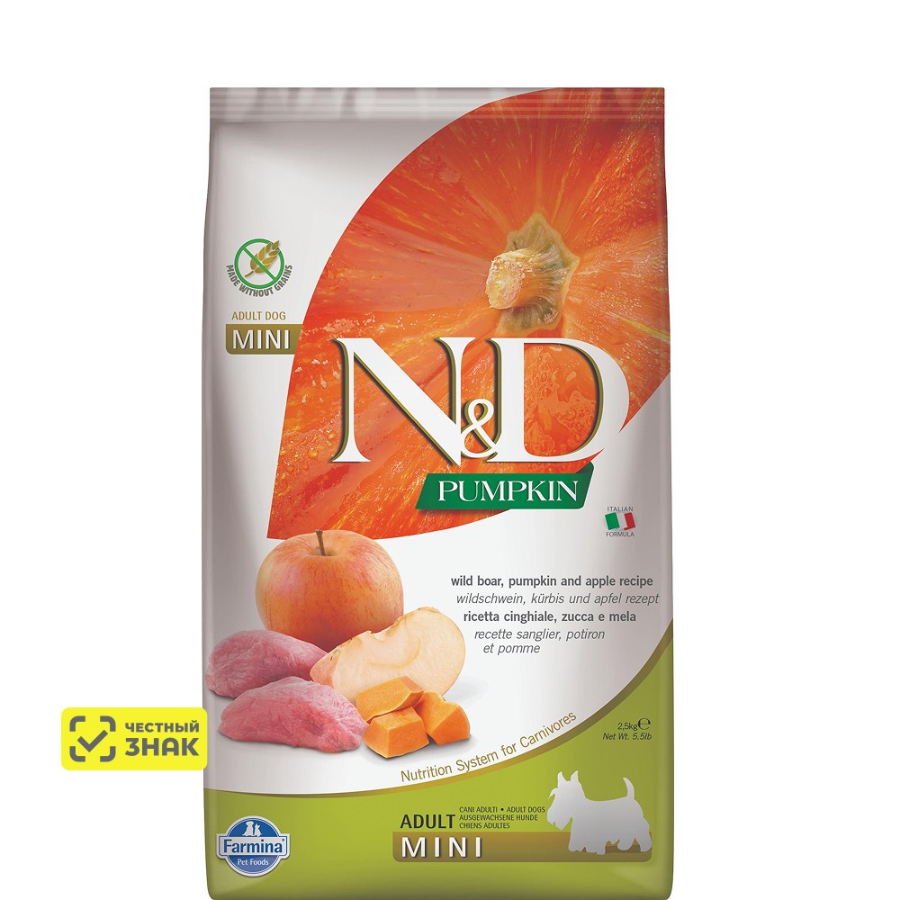 

Farmina ND Mini Сухой корм низкозерновой для взрослых собак мелких пород, с кабаном, яблоком и тыквой, 7 кг
