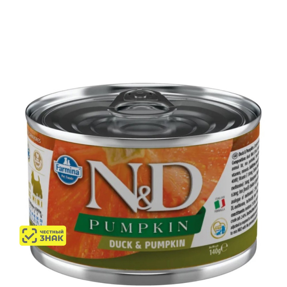 

Farmina ND Pumpkin Влажный корм (консервы) для взрослых собак, с уткой и тыквой, 140 гр.