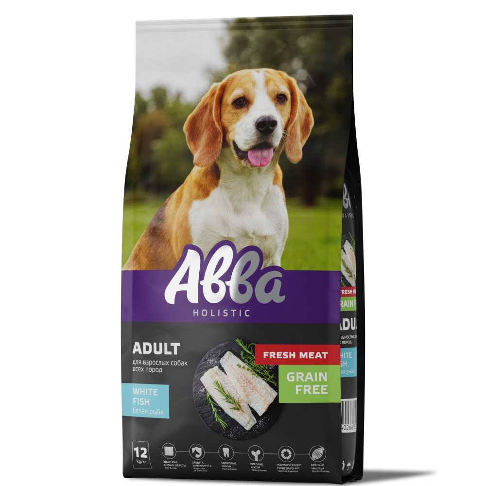 АВВА Holistic Fresh Meat Сухой корм беззерновой для взрослых собак всех пород, с белой рыбой