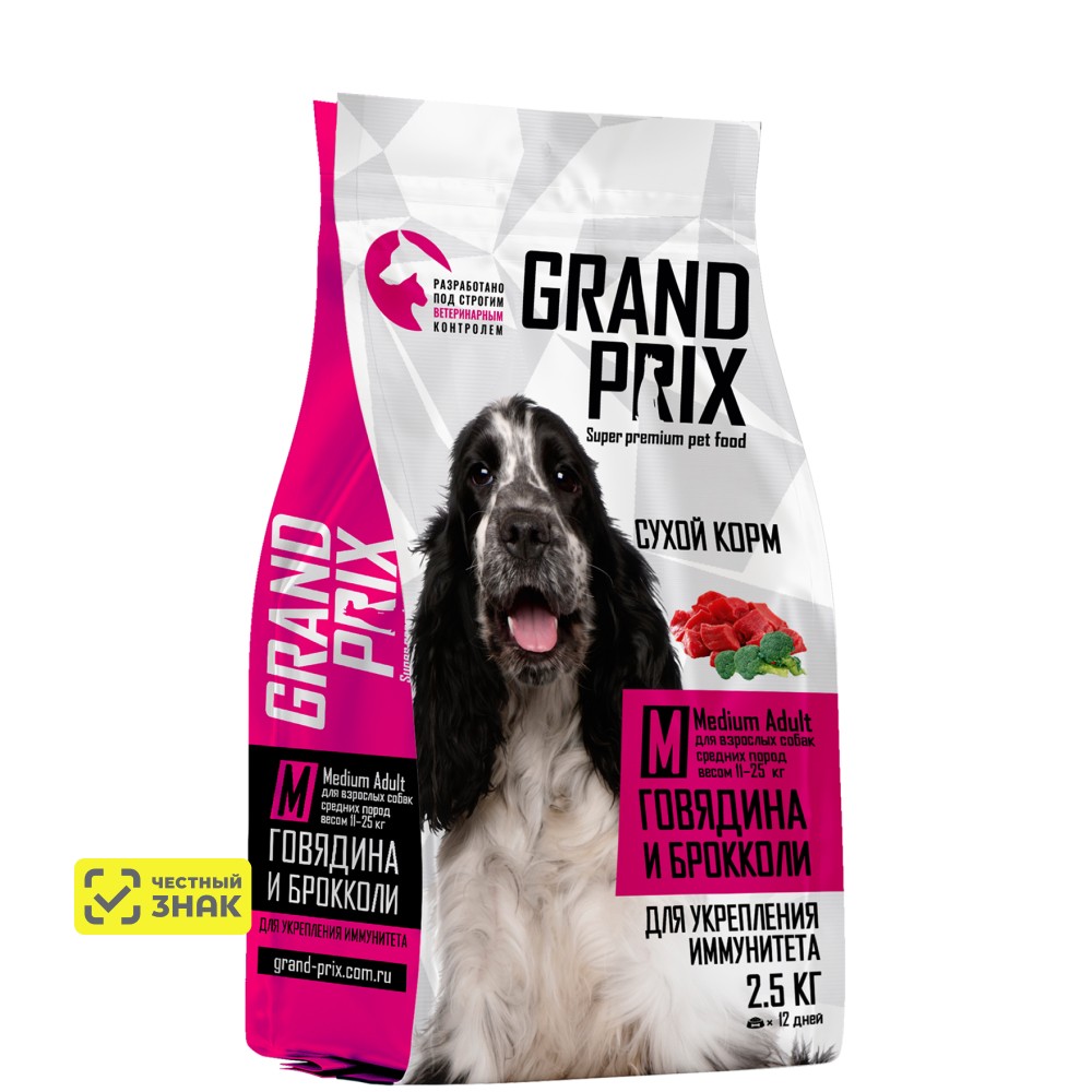

GRAND PRIX Medium Adult Сухой корм беззерновой для укрепления иммунитета взрослых собак средних пород, с говядиной и брокколи, 2,5 кг
