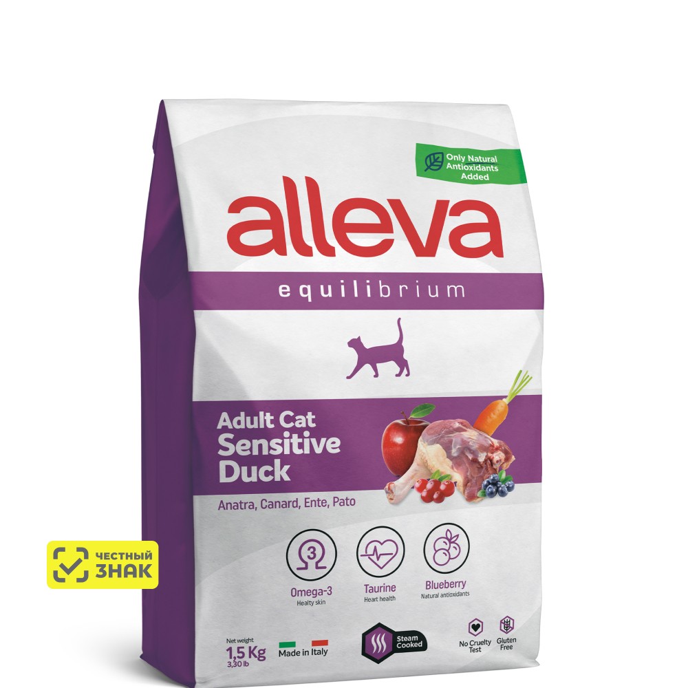 

ALLEVA Equilibrium Adult Sensitive Сухой корм для взрослых кошек с чувствительным пищеварением, с уткой, 1,5 кг