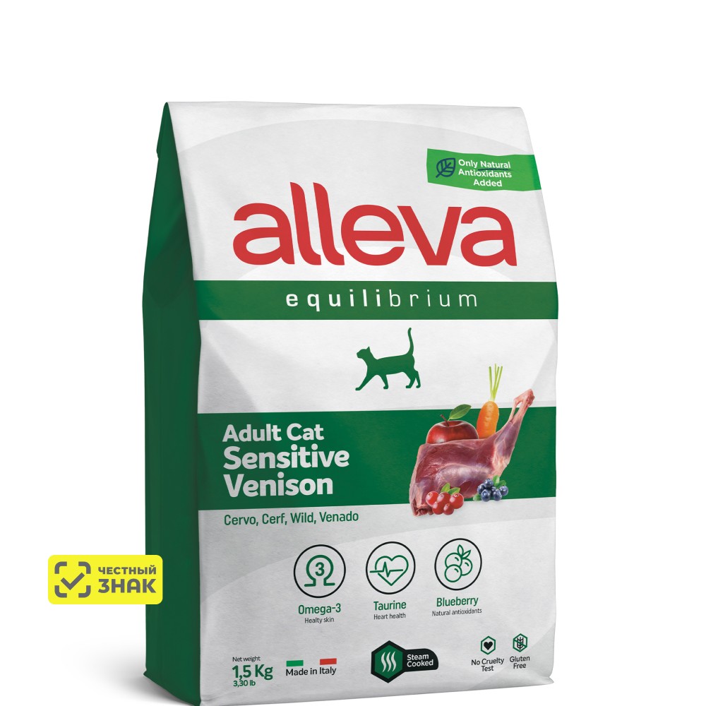 

ALLEVA Equilibrium Adult Sensitive Cухой корм для взрослых кошек с чувствительным пищеварением, с олениной, 1,5 кг