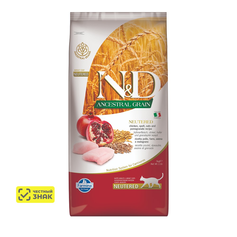 

Farmina ND Ancestral Grain Сухой корм для стерилизованных кошек и кастрированных котов, курица, спельта, овес и гранат, 5 кг