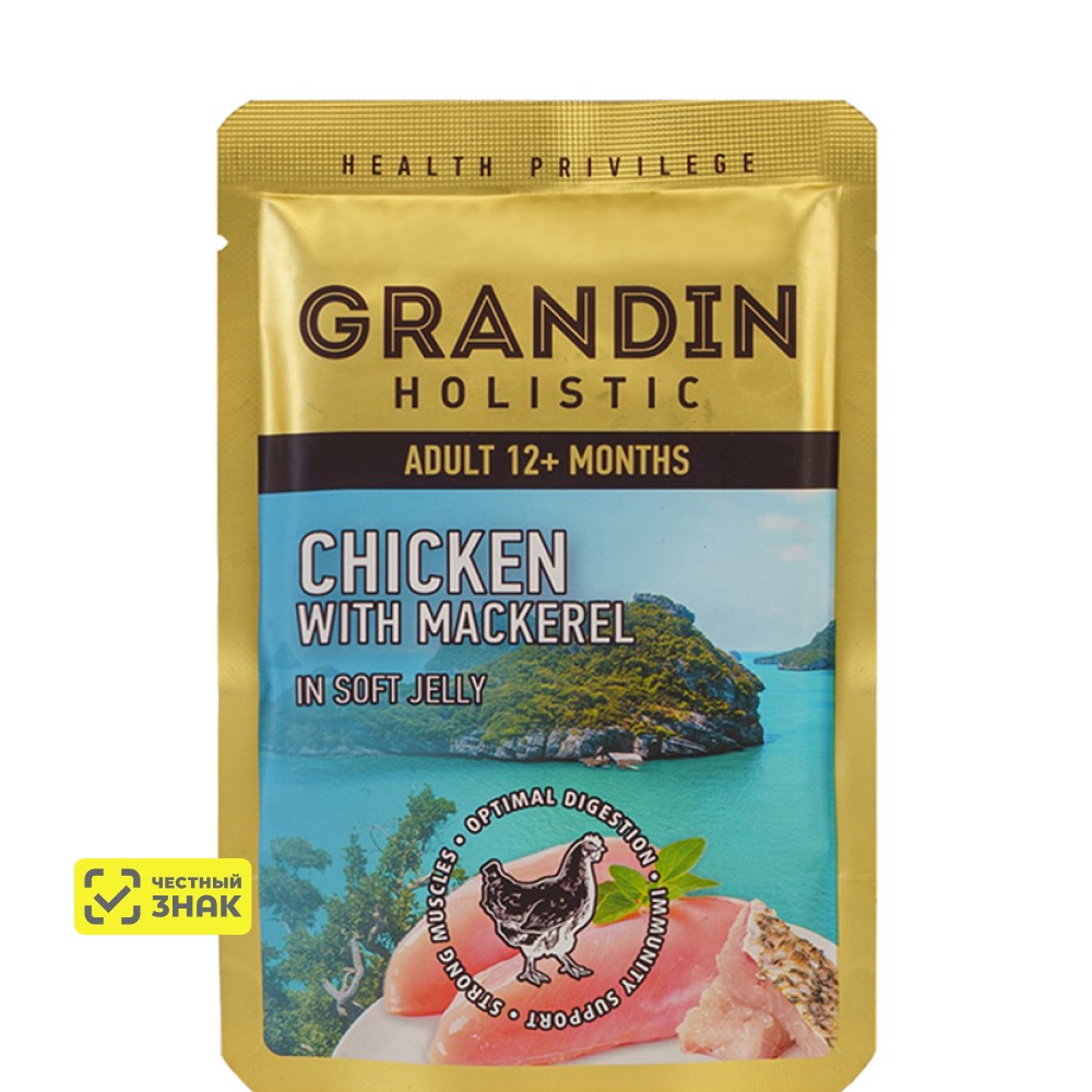 

Grandin Влажный корм (пауч) для кошек, курица с макрелью в нежном желе, 85 гр.