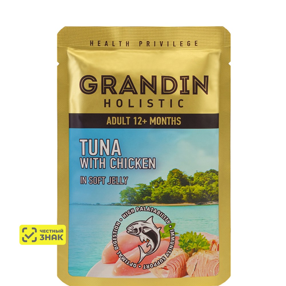 

Grandin Влажный корм (пауч) для кошек, тунец с курицей в нежном желе, 85 гр.