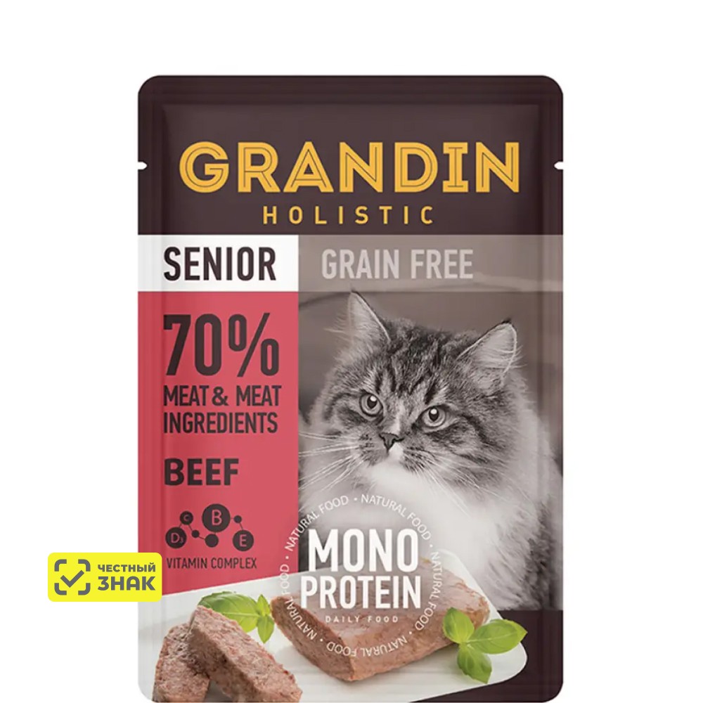 

Grandin Senior Grain free Monoprotein Влажный корм (пауч) для пожилых кошек, патэ из нежного мяса говядины в желе, 85 гр.