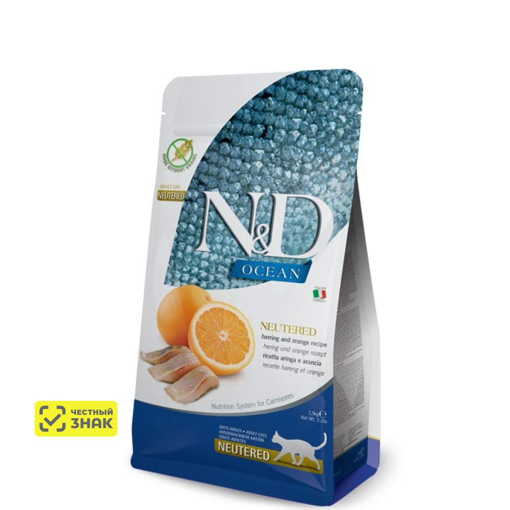

Farmina Ocean Cat Сухой корм для стерилизованных кошек и кастрированных котов, с сельдью и апельсином, 1,5 кг