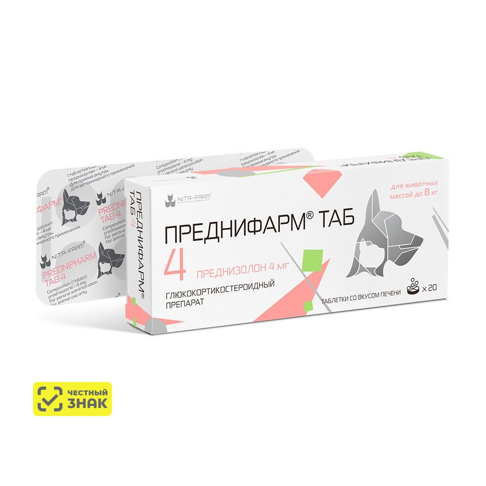

Nita-farm Преднифарм Таб Гормональный препарат для кошек и собак 4 мг, 20 таблеток